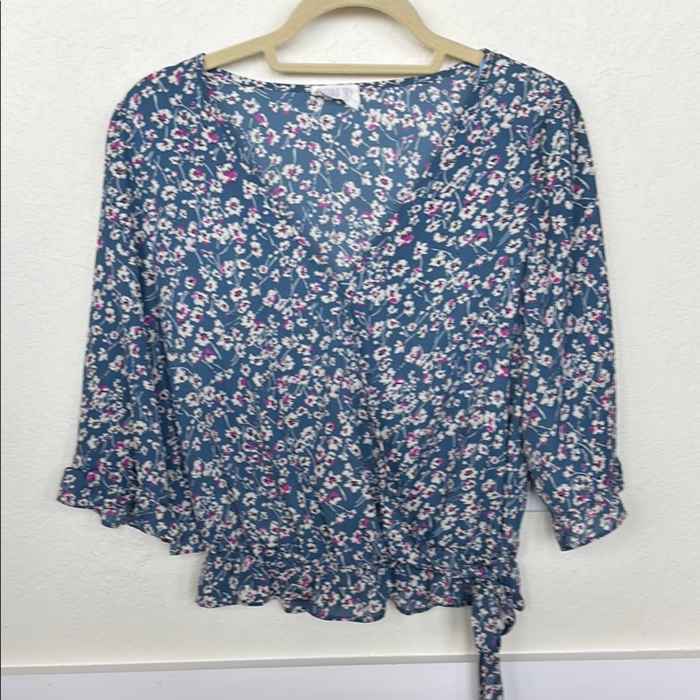 Sienna Sky Floral Blue Women's Top Ruffles Size S